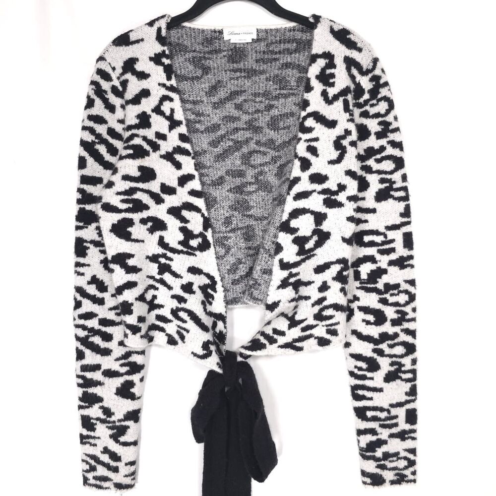 Lovers + FRIENDS Womens Wrap Leopard Cardigan Sweater Knit Top SMALL Black White